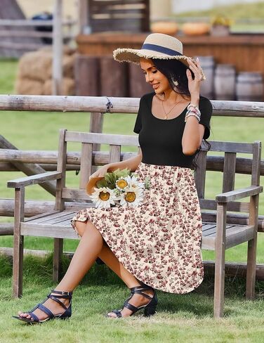 Zeagoo Womens Casual Dress Floral Patchwork Summer Dress Square Neck Short Sleeve A Line Flowy Swing Mini Dress with Pockets in Saudi Arabia