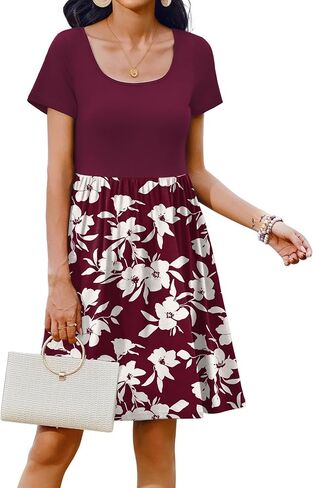 Zeagoo Womens Casual Dress Floral Patchwork Summer Dress Square Neck Short Sleeve A Line Flowy Swing Mini Dress with Pockets in Saudi Arabia