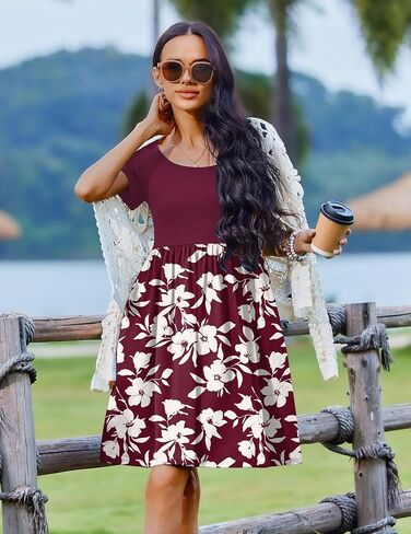 Zeagoo Womens Casual Dress Floral Patchwork Summer Dress Square Neck Short Sleeve A Line Flowy Swing Mini Dress with Pockets in Saudi Arabia