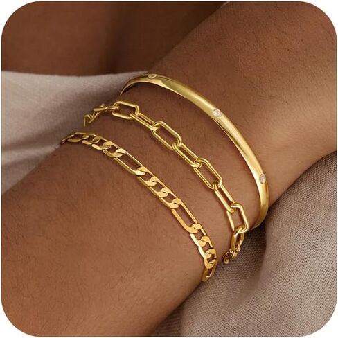 Gold Bracelets for Women Trendy,Stackable 14k Gold Plated Bangle Bracelets Set Waterproof Cuban Link Diamond Beaded Chain Paperclip Chain Bracelets Simple Fashion Jewelry Gifts for Women in Saudi Arabia