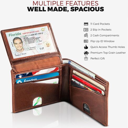 BULL GUARD Mens RFID Blocking Bifold Wallet Soft Genuine Leather Brown Western | Secure and Durable Extra Capacity Billfold with 11 Credit Cards, Flip Up ID in Kuwait