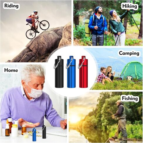 3 قطع حقيبة تنظيم حبوب الدواء للسفر مع سلسلة مفاتيح حامل حبوب للمحفظة وحقيبة حبوب الجيب للرجال، مناسبة للتخييم في الهواء الطلق والسفر (أسود، فضي، أحمر) in Kuwait