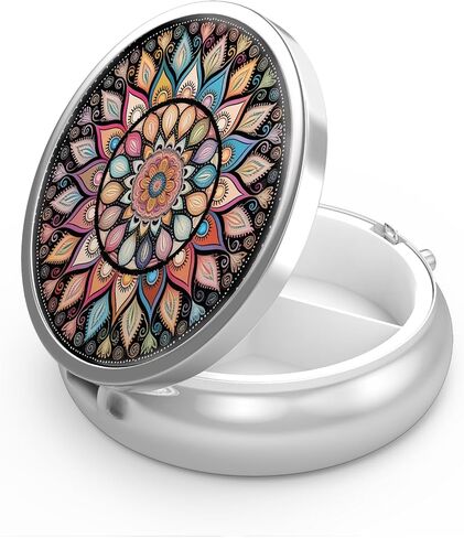 Pill Box 3 Compartment Medicine Pill Case,Portable Pill Box for Pocket or Purse Pill Box Decorative Metal Medicine Vitamin Organizer Unique Gift(Geometric Colorful Mandala) in Kuwait