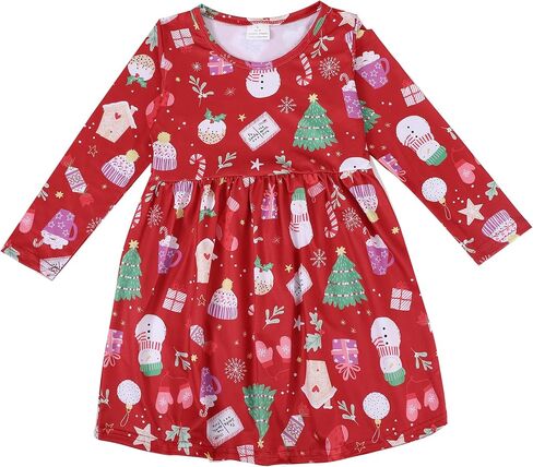 Christmas Toddler Girls Dress Santa Claus Snowman Print Dresses Red Long Sleeve 2-8Y in Kuwait