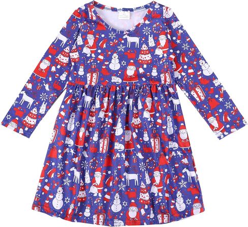 Christmas Toddler Girls Dress Santa Claus Snowman Print Dresses Red Long Sleeve 2-8Y in Kuwait