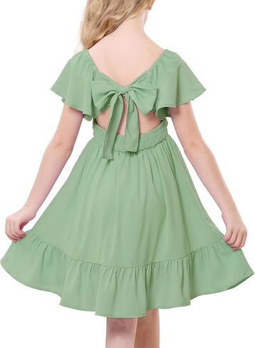 American Trends Girls Dress Ruffle Dress Tie Back Short Sleeve Square Neck Off Shoulder Dress for Girls 4-15 Years in Saudi Arabia