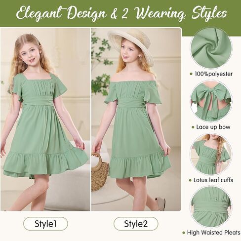 American Trends Girls Dress Ruffle Dress Tie Back Short Sleeve Square Neck Off Shoulder Dress for Girls 4-15 Years in Saudi Arabia