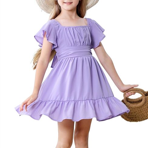 American Trends Girls Dress Ruffle Dress Tie Back Short Sleeve Square Neck Off Shoulder Dress for Girls 4-15 Years in Saudi Arabia