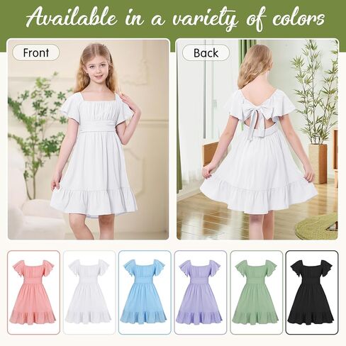 American Trends Girls Dress Ruffle Dress Tie Back Short Sleeve Square Neck Off Shoulder Dress for Girls 4-15 Years in Saudi Arabia