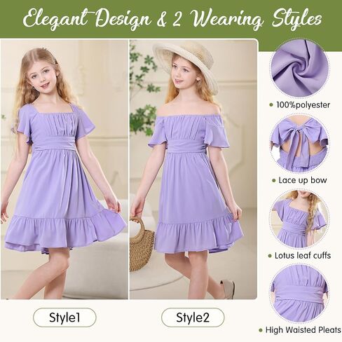 American Trends Girls Dress Ruffle Dress Tie Back Short Sleeve Square Neck Off Shoulder Dress for Girls 4-15 Years in Saudi Arabia