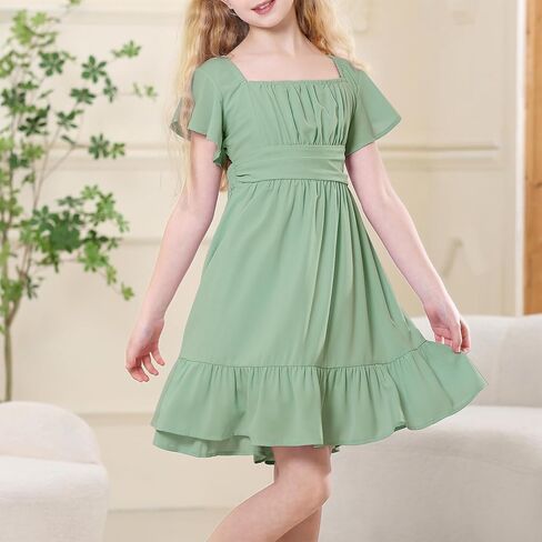 American Trends Girls Dress Ruffle Dress Tie Back Short Sleeve Square Neck Off Shoulder Dress for Girls 4-15 Years in Saudi Arabia