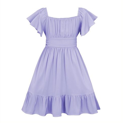 American Trends Girls Dress Ruffle Dress Tie Back Short Sleeve Square Neck Off Shoulder Dress for Girls 4-15 Years in Saudi Arabia