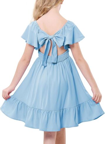 American Trends Girls Dress Ruffle Dress Tie Back Short Sleeve Square Neck Off Shoulder Dress for Girls 4-15 Years in Saudi Arabia