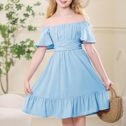 American Trends Girls Dress Ruffle Dress Tie Back Short Sleeve Square Neck Off Shoulder Dress for Girls 4-15 Years in Saudi Arabia