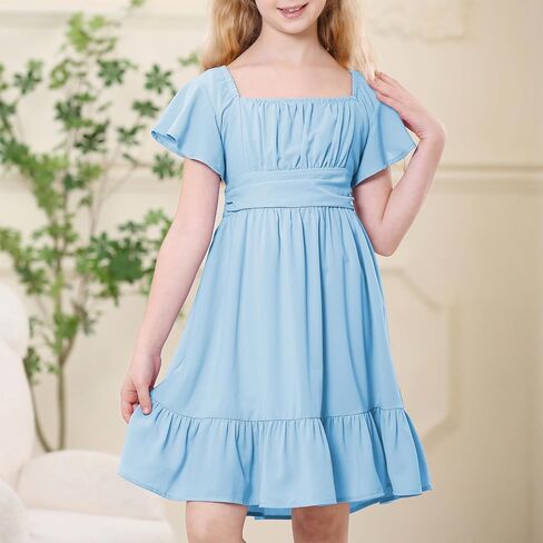 American Trends Girls Dress Ruffle Dress Tie Back Short Sleeve Square Neck Off Shoulder Dress for Girls 4-15 Years in Saudi Arabia