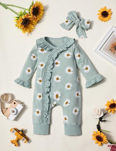 Von kilizo Baby Girl Clothes Infant Newborn Onesie Clothes for Baby Girls Long Sleeve Zip Closure Outfit with Headband in Saudi Arabia