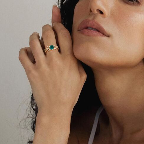 VACRONA Gold Simulated Emerald Ring for Women 14K Gold Plated CZ Emerald Teardrop Floral Minimalist Stack Finger Band Hypoallergenic Jewelry Size 6-8 in Saudi Arabia