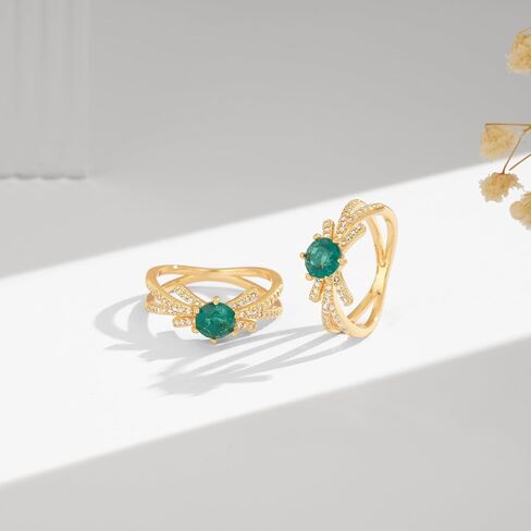 VACRONA Gold Simulated Emerald Ring for Women 14K Gold Plated CZ Emerald Teardrop Floral Minimalist Stack Finger Band Hypoallergenic Jewelry Size 6-8 in Saudi Arabia