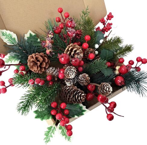 12Pcs Wedding Versatile Artificial Holly Red Berry Stems,Silk Artificial Pine Cone Picks Christmas Stems, Mini Artificial Pine Tree for Christmas Party Flower Wreaths Winter Holiday Decorations in Saudi Arabia