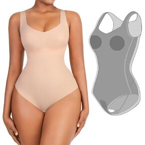 Popilush Shapewear Bodysuit Built in Bra Square Neck Tank Top Body Suits for Women Tummy Control Sleeveless Tops