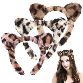 3 PCS Leopard Cat Ears Headband Winter Headbands for Women Washing Face Makeup Cosplay Costume Hair Accessories