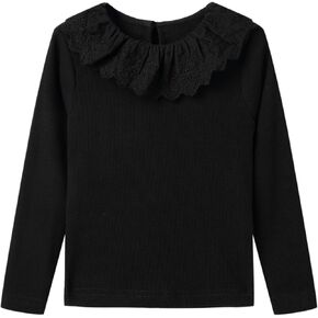 LittleSpring Girls Ribbed Knit Long Sleeve Tshirt with Lace Ruffle Collar