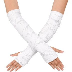 Womens Long Torn Ripped Punk Goth Gloves Cosplay Fingerless Gloves Mittens for Halloween Costumn Party