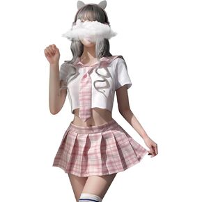 YOMORIO School Girl Outfit Anime Lingerie Japanese Korean School Uniform Sailor Plaid Costumes (Pink)