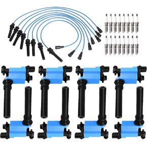 ENA Set of 8 Blue Ignition Coil Pack with 16 Spark Plug and Blue Wire Set Compatible with Chrysler Dodge Jeep Ram 1500 2500 3500 Magnum Grand Cherokee 300 5.7L V8 2003 2004 2005 Replacement for UF378
