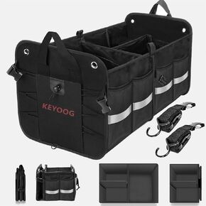 KEYOOG Car Trunk Organizers and Storage, Sturdy Waterproof Durable Collapsible Multi-Heavy Duty, Non-Slip Bottom & Adjustable Securing Straps, for Car, SUV, Truck, or Van (3 Compartments, ExtraLarge)