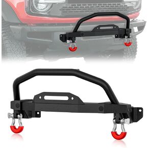 Front Bumper Bull Bar with Winch Plate & D-Rings Compatible for 2021 2022 2023 2024 Ford Bronco 2/4 Door (ONLY fit Steel Modular Front Bumper), Heavy Duty Steel Winch Mount Brush Guard Black