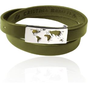 Cristina Ramella, Unisex Map Leather Band Bracelet Bangle, Green, Rhodium Plated Stainless Steel, Adjustable, 39 cm Total Length | World Inspired Jewelry
