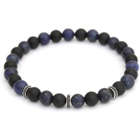 Studded Accent Stopper Bracelet combined with two energy stones, Lapis Lazuli and matte Black Onyx, in 8mm size| Stoppers are made in 925 Sterling Silver with antique work