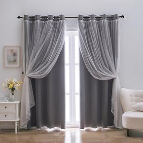 indistar Home Blackout Curtains Double Layer Solid Sheer Grommet Top Window Curtain Panel Pair, 52Wx84L,Grey
