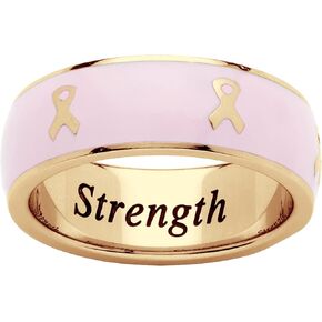 PalmBeach Stainless Steel or Yellow Gold-Ion Plated Stainless Steel and Pink Enamel Breast Cancer Awareness Inscribed Ring (6.5mm) Size 9