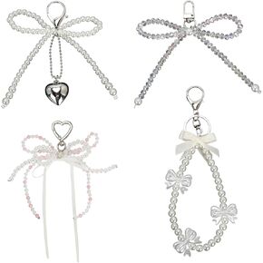 4Pcs Cute Keychain Bow Keychain for Women, Pearl Bow Charms Aesthetic Bow Key Chains Bag Charms for Car Keys