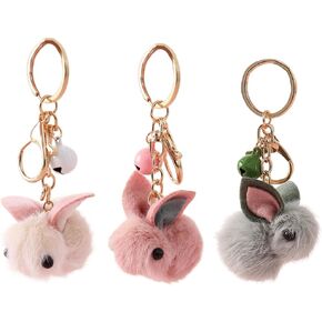Amosfun 3pcs Rabbit Animal Pom Pom Keychain Cute Faux Fur Key Ring for Women Girls Bag Accessories Party Favors Easter Accessories Random Color