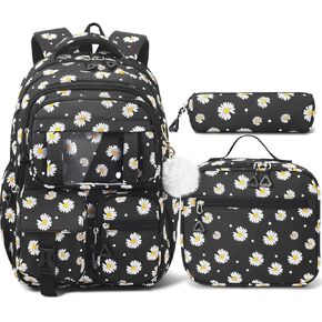 Fimibuke Backpack for Girls Boys, 3Pcs Waterproof Kids Backpack with Lunch Box & Pencil Pouch - Lightweight School Backpack Black Bookbag for Ages 6+ Elementary Middle School