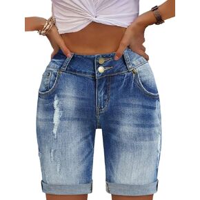Flamingals Women's Button Fly Ripped Denim Shorts Without Belt Mid Waist Casual Shorts