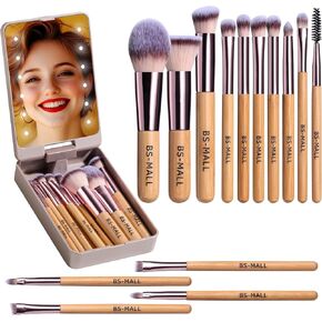 BS-MALL Travel Makeup Brush Set Foundation Powder Concealers Eye Shadows Makeup Set with LED light Mirror 14 Pcs Mini Makeup Brushes (APINK)