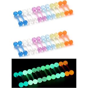 14G Glow in Dark Flexible Acrylic Tongue Rings Plastic Nipple Rings for Surgery Straight Barbell Tongue Nipple Piercing Jewelry for Women Men 16mm Bar Length