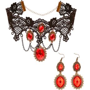 Skeleteen Gothic Vampire Jewelry Set - Black Lace Choker with Red Rhinestone Earrings Pirate Costume Accessories Set for Women