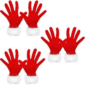 Women Girls Red Velvet Fur Costume Gloves,Christmas Party Costumes,3 Pairs