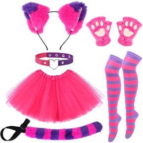 مجموعة مكونة من 6 قطع من مجموعة الهالوين على شكل قطة للبالغين بما في ذلك عصابة رأس ذات ذيل وردي وأرجواني وتنورة قصيرة وقفازات وجوارب لفستان مستلزمات الحفلات in Kuwait