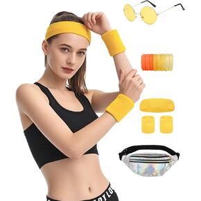 80s Outfit for Women Workout Fanny Pack Knit Warmers Headband Wristbands 80s Accessories for Theme Party Yoga Running Hiking