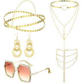 Batiyeer 5 قطع 70s ديسكو إكسسوارات ملابس النساء 70s مجوهرات زي مجموعة ديسكو أقراط النظارات الشمسية يد الرأس للنساء ذهبي (ذهبي) in Kuwait