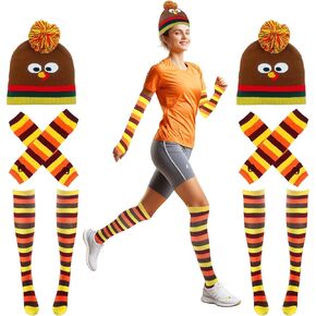 6 Pcs Turkey Trot Costumes Thanksgiving Trot Turkey Beanie Hat Socks Arm Warmer for Trot Runners Accessories
