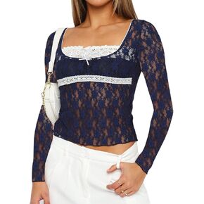 Women Going Out Tops Long Sleeve Sexy Lace Mesh Sheer Y2k Crop Top T Shirts Blouse 2024 Women Clothing Streetwear