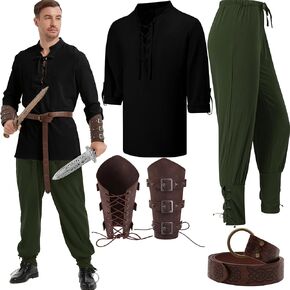 5 pcs Halloween Men's Renaissance Costume Set Viking Costume Medieval Pirate Shirt Ankle Banded Pants Belt Accessories