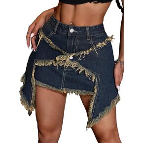 MakeMeChic Women's Raw Hem Low Waist Asymmetrical Hem Denim Mini Skirt Short Jean Skirts